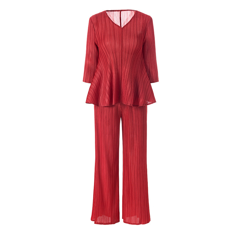 Spring Women Pleated Tops Shirts Trousers Two Pieces Clothing Sets Loose Big Size Suits
