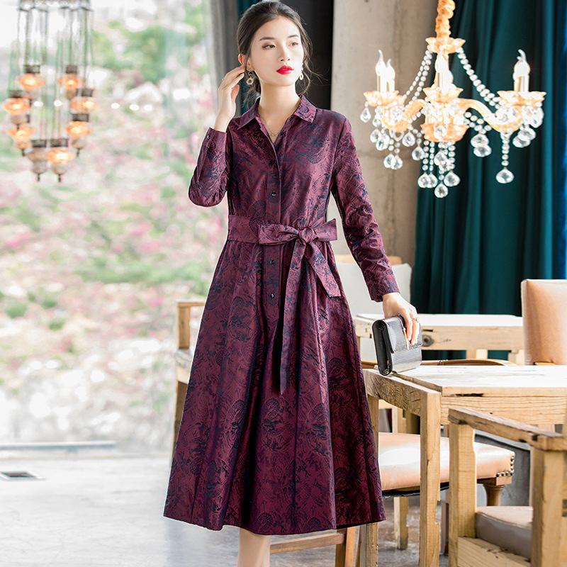 2020 Women Spring New Fashion Jacquard Slim Large Chinese Retro Dress