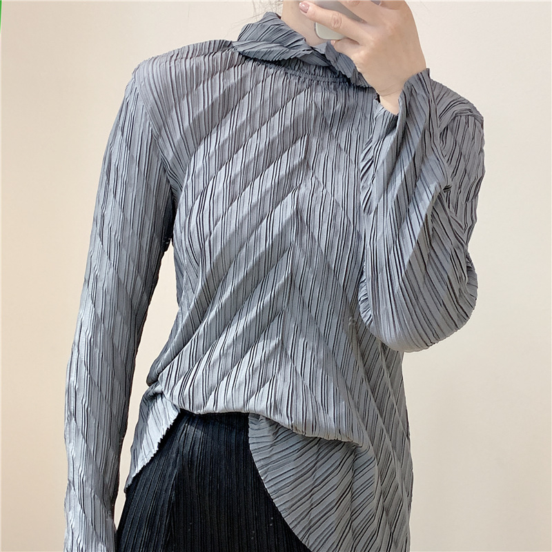 Autumn Women Pleated Long Sleeves Tops Shirts Loose Big Size Tidal Wear