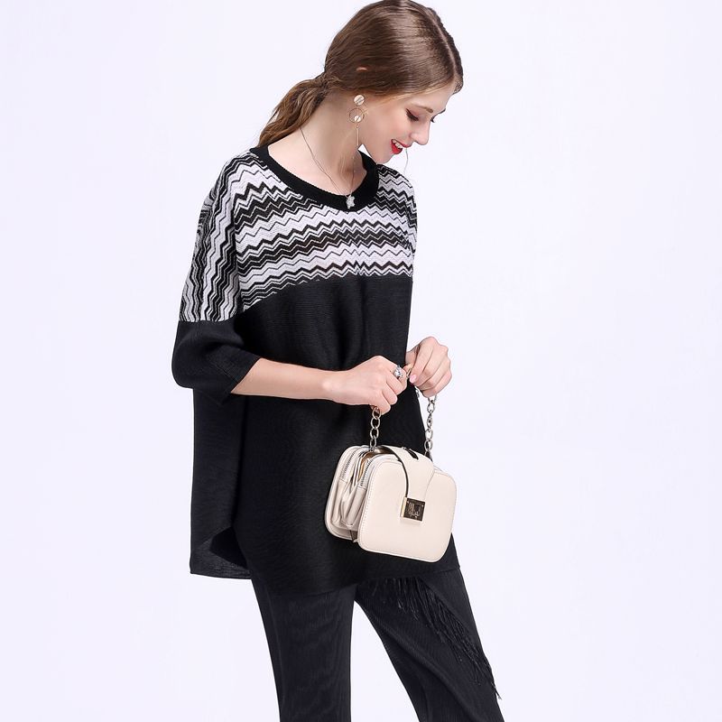 Europ And America Women Fashion New Pleats Printing Short Sleeve Lady Pullover Shirts