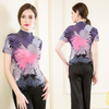 Summer Women Pleated Short Sleeved Printing Pullover Casual Lady Free Size Shirts
