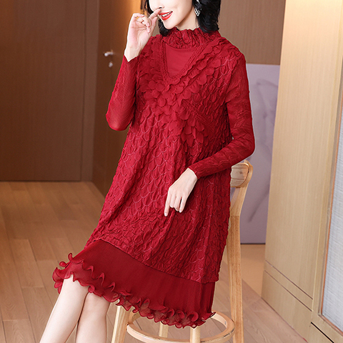 Autumn And Winter Red French Embroidered Dress For Women's High End Plus Size A-line Long Sleeve Pleated Dress