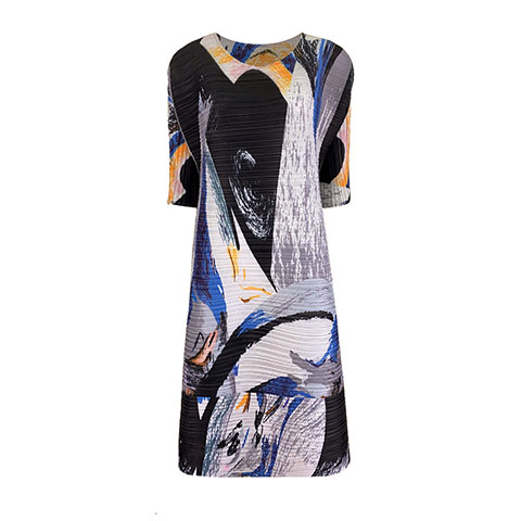 2021 Spring New Print Round Neck Medium Sleeve Loose Swing Skirt Pleated Dress
