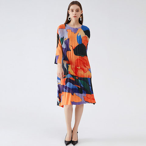 Spring 2021 New Handmade Pleated Print Skirt Loose Light Show Thin Celebrity Temperament Pleated Dress