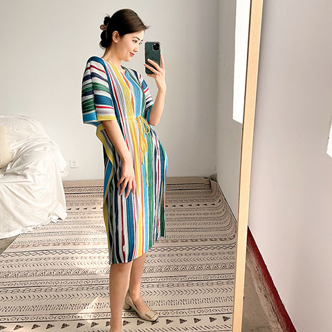 Women's Dress With Belt Printing And Women's Waist Closed Pleated Dress