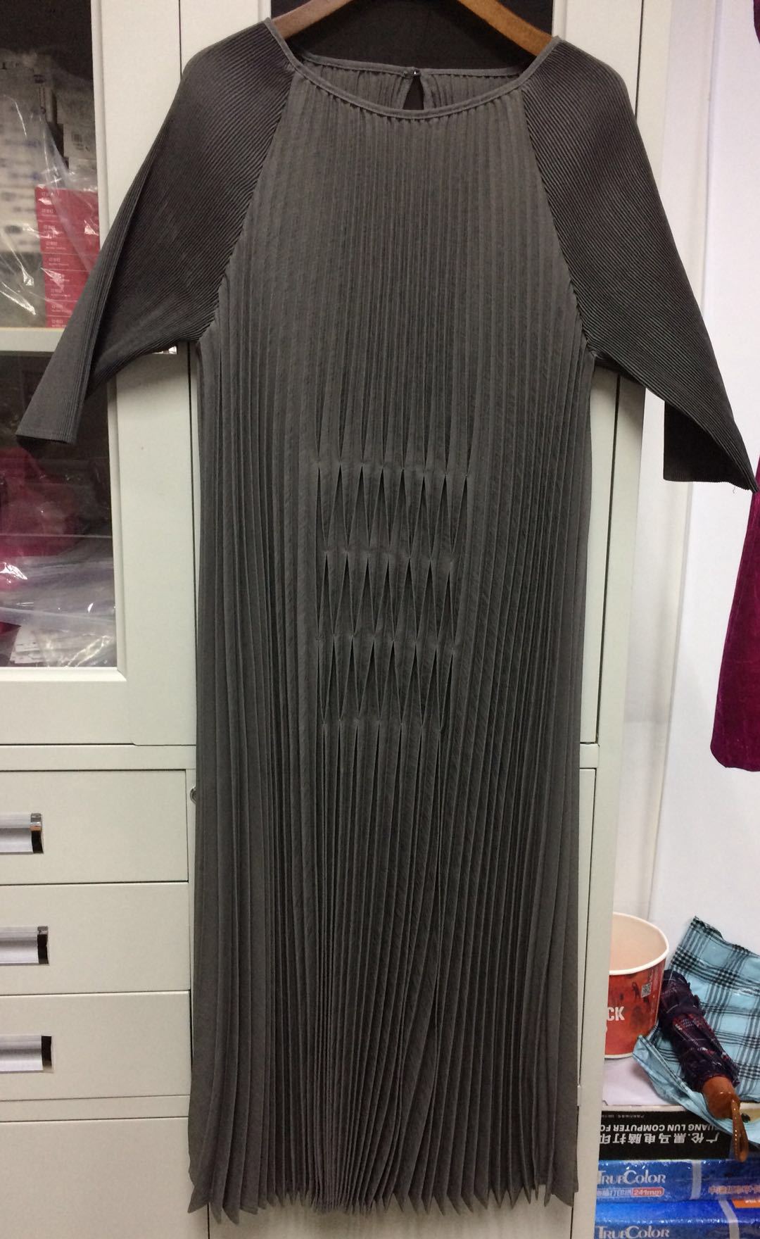 Women Pleated Sleeve Static Dresses Vertical Striped Loose Leisure Mom Dresses