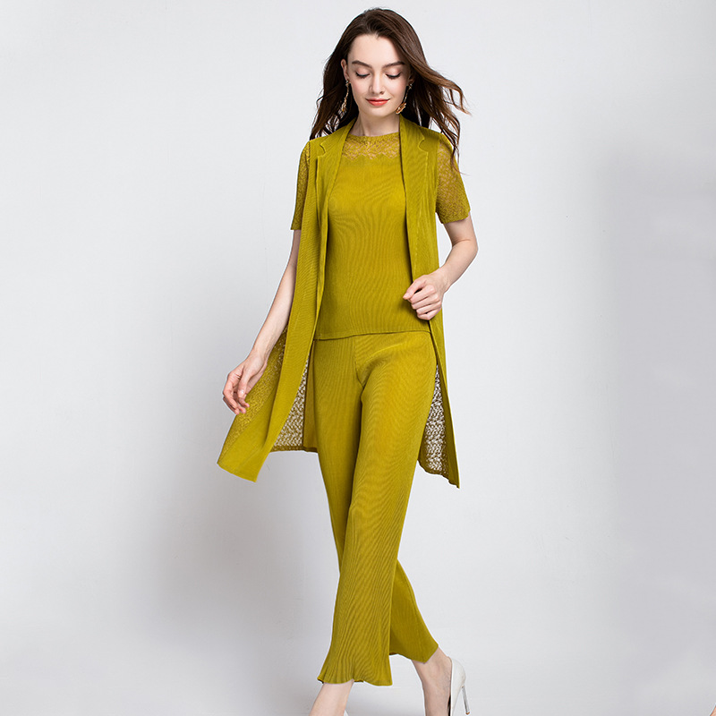 Autumn Women Pleated Fashion Lace Three Pieces Tops Shirts Wide-legged Pants Clothing Sets