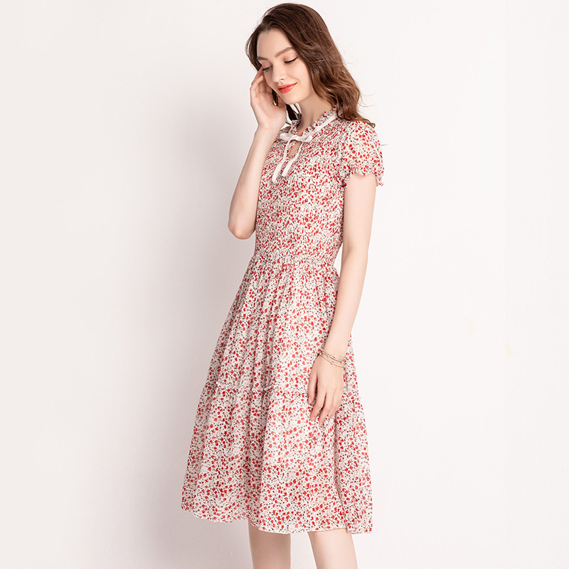 Summer Women Pleated Print Dress Lady Elegant Dresses