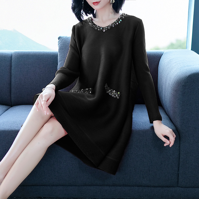 Women Pleated Dress Solid Color Loose Long Sleeves Lady High End One Piece Dress