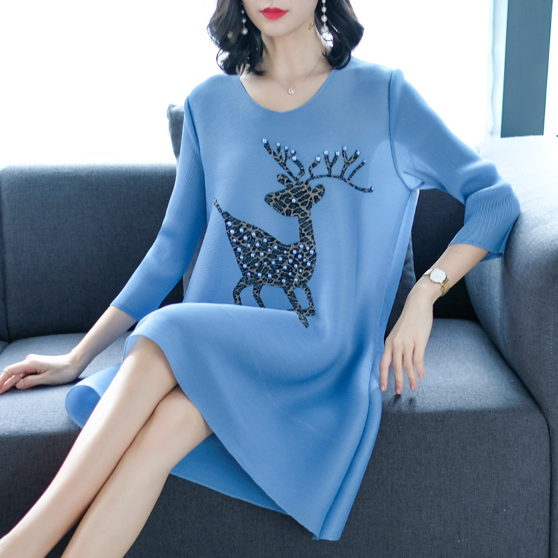 Pleats Large-size Spring Dress Women's Stitching Printing Loose Large-size A-shaped Dress
