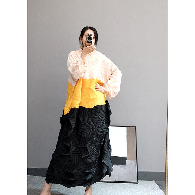 Spring Summer Women Diamond Pleated Dress New Color Contrast Straight Dress