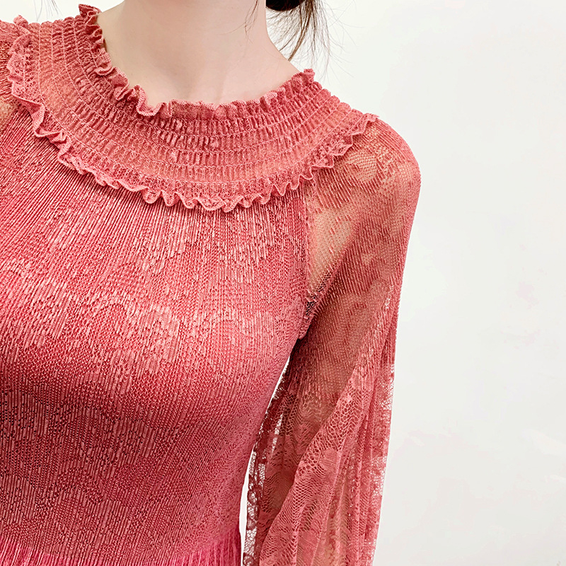 Spring 2020 Women Pleated Dress Large Print Lace Dress
