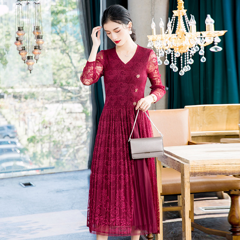 Lace Large Pleated Dress 2020 Spring New Slim Pleated Dress