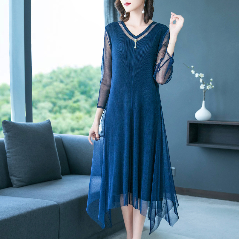 Winter Autumn Women Pleated Fashion New Dress Lady Elegant Fake Two Pieces Dress