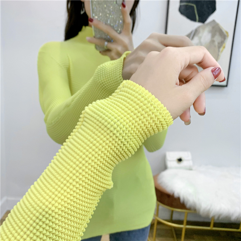 Pleated Women's T-shirt With Long Sleeves High Collar Fashion New Tidal Pullover Tops