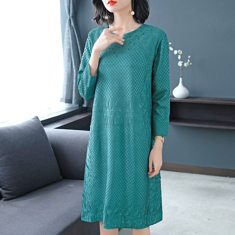 Women Autumn Fashion New Solid Color Loose Free Size Lady Elegant Crinkled Embroidered Popular One Piece Dress