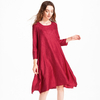 Pleated Office Lady Loose Solid Three Quarter Sleeves Knee-length O-neck Autumn Dress