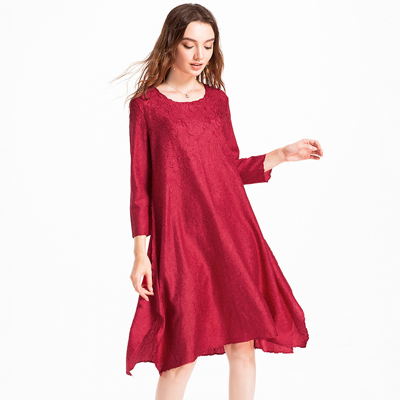 Pleated Office Lady Loose Solid Three Quarter Sleeves Knee-length O-neck Autumn Dress