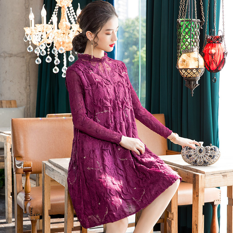 Embroidered Lace Patchwork Dress 2020 Spring New Loose Large Pleated A-line Dress