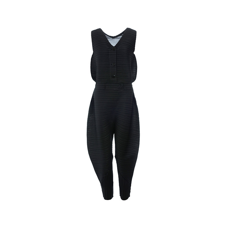 Pleated Pants 2020 Summer New Loose Pants Women's Solid V-neck Short Sleeve High Waist One-piece Pants