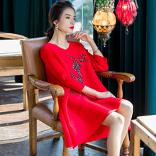 Spring 2020 New Women's Red Loose A-line Dress Large Pleated Beaded Embroidered Dress