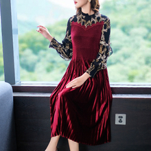 French Large Pleated Velvet Dress Autumn 2019 Fashion Printed Women's Slim Pleated Dress