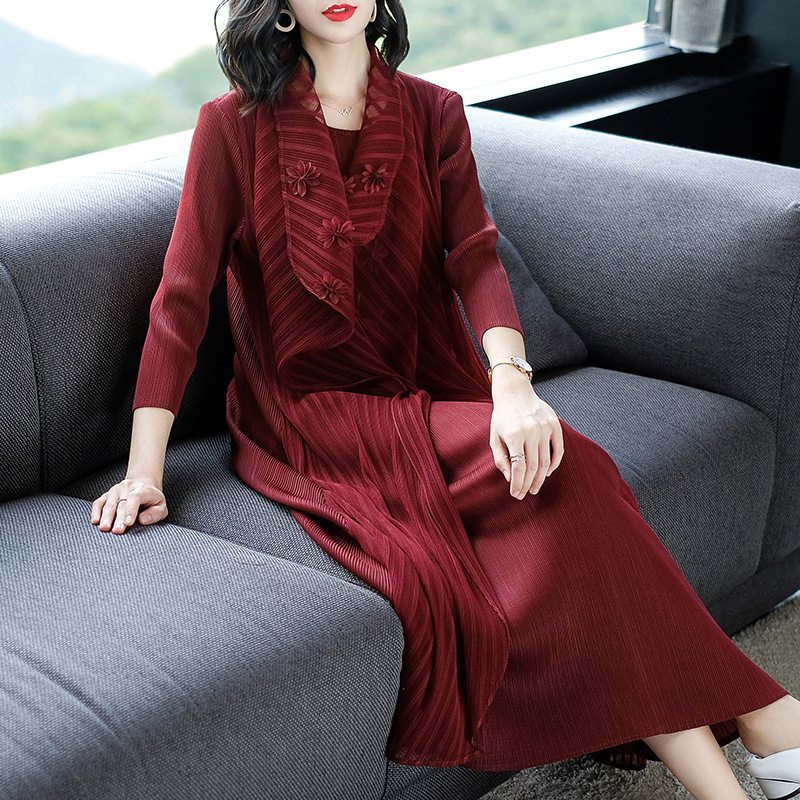 Spring Women Pleated Fashion New Fake Two Pieces Long Popular Dress
