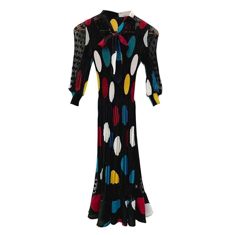 Women Polka Dot Dress Spring 2020 Pleated Bow Large Pleated Dress