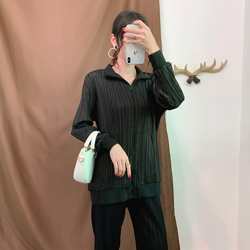 Autumn Winter Women Pleated Zipper Jacket Coat Popular Loose Outfit