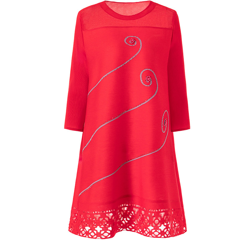 Red Large Beaded Embroidered Dress 2020 Spring New Relaxed Belly Covering Dress