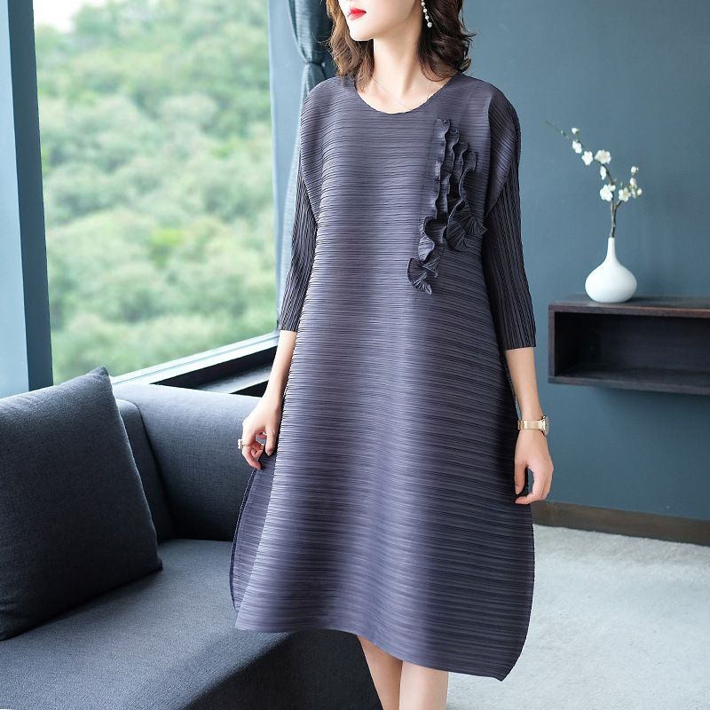 Pleated Oversized Dress Autumn 2019 New Patchwork 3 / 4 Sleeve Loose Elastic Dress