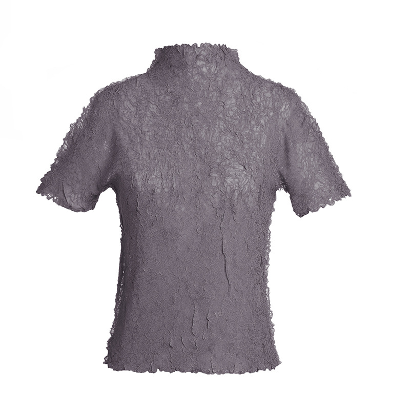 Temperament High Neck Short Sleeve Tops Women's Simple Slim Pleated T-shirt
