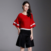 Arrival Women Pleated Office Lady Autumn Casual Striped O-neck Flare Sleeve Pullover Shirts