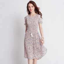 Women Fashion New Dresses Floral Print Dress Summer Chiffon Pleats Dresses