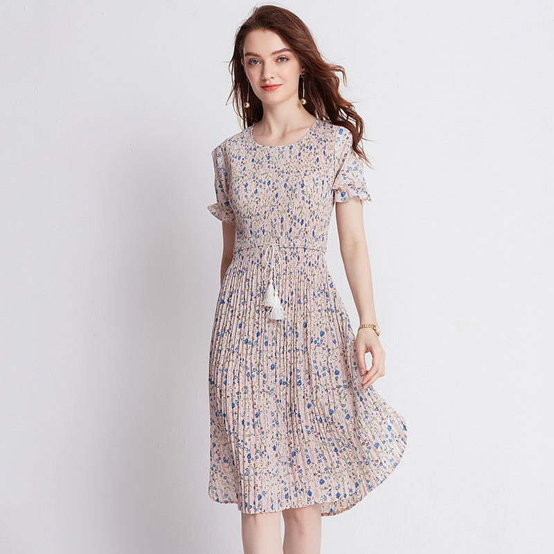 Women Fashion New Dresses Floral Print Dress Summer Chiffon Pleats Dresses