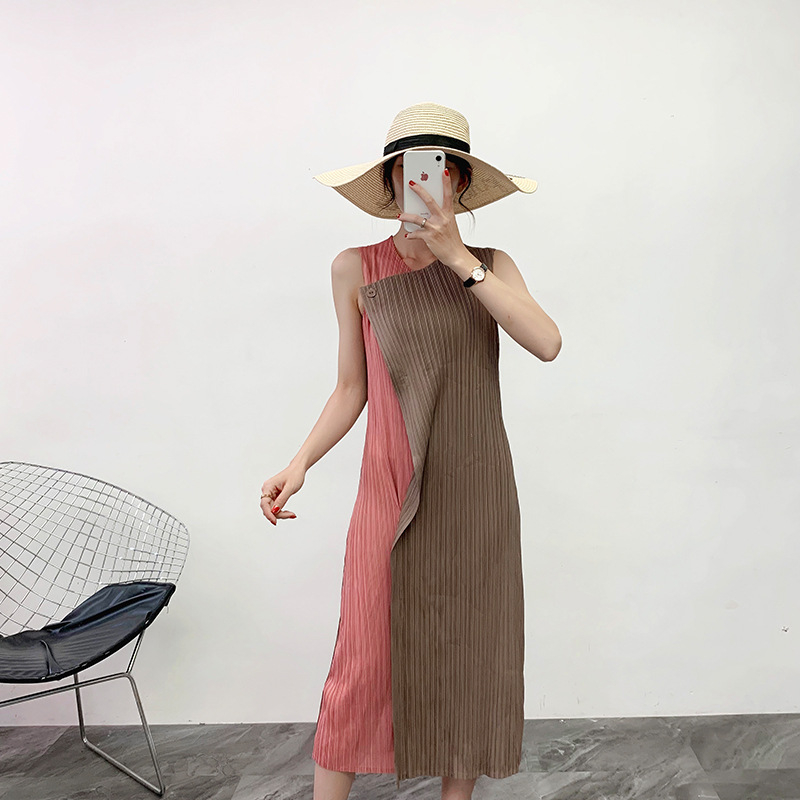 Women Pleated Basic Pleated Dress 2019 New Patchwork Contrast Bottom Dress