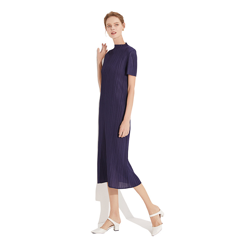 Pleated Summer Temperament Simple Basic Vertical Collar Long Pleated Dress Manufacturer Wholesale