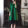 2018 New Arrival Women Pleated Casual Loose Patchwork Knee-length O-neck Lady Fashion Autumn Dress
