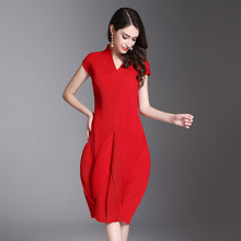 Summer Women Pleated Solid Color Lady Elegant High Quality One Piece Dress