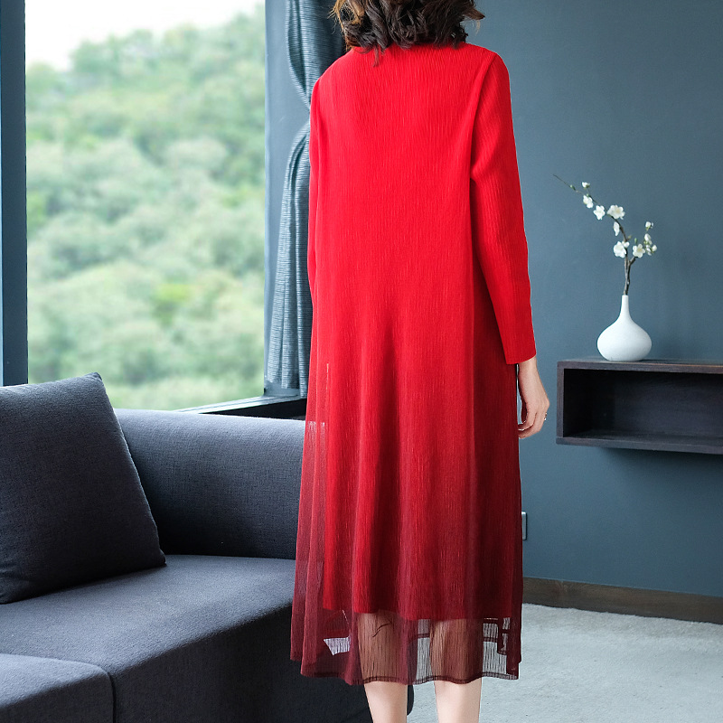 Women Fashion Fake Two Pieces Embroidery Dress Autumn 2019 Mesh Splicing Loose Large Dress