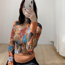 Autumn Women Pleated Tops Long Sleeved Shirts Print Tidal Big Size Shirts