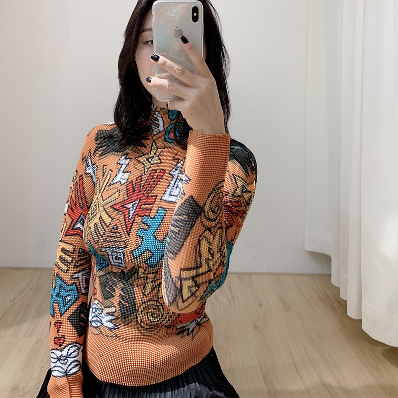 Autumn Women Pleated Tops Long Sleeved Shirts Print Tidal Big Size Shirts