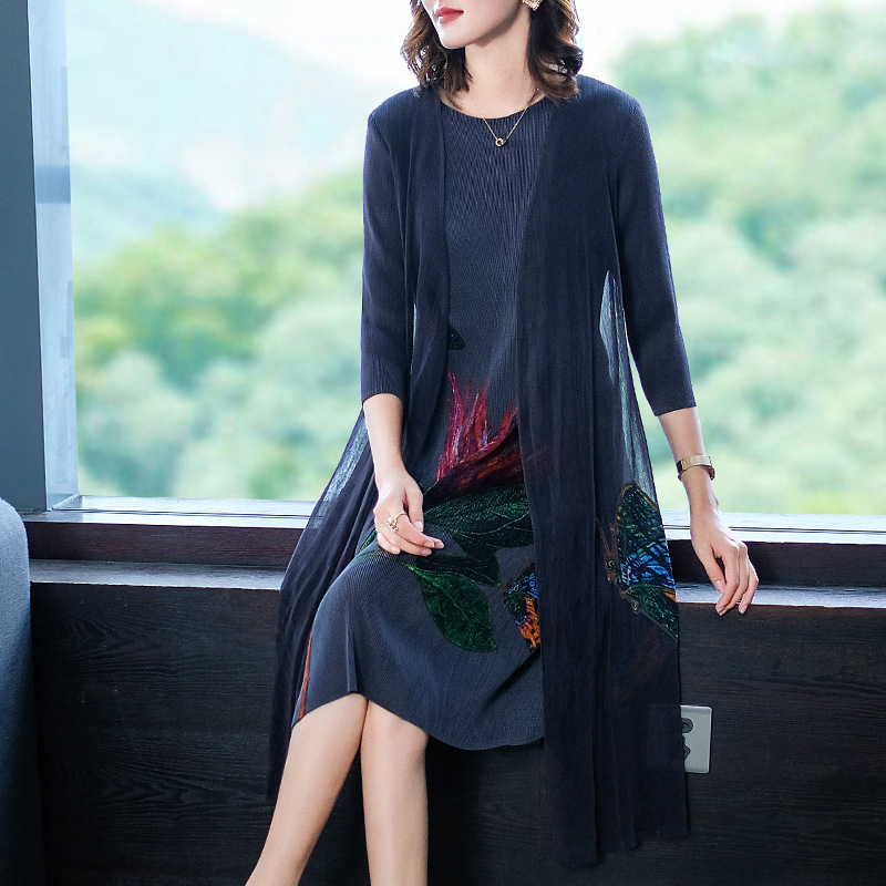 Fake Two Piece Pleated Print Dress New Women's Loose Large A-line Dress In Autumn 2019