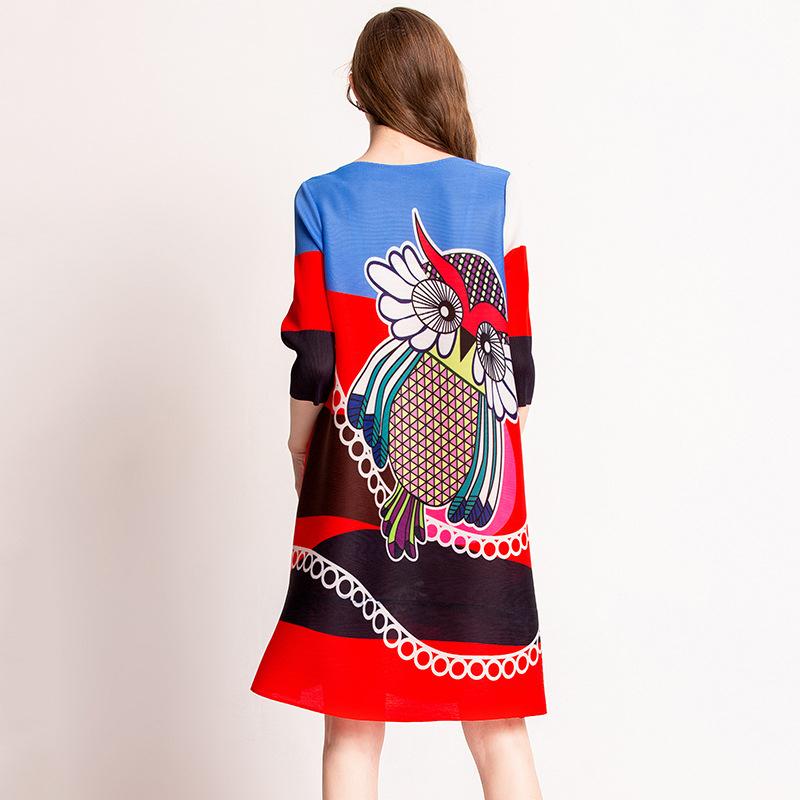 Owl Nail Pearl Pleated Dress Fashion Colour Matching Women Tidal New Popular Loose Dresses