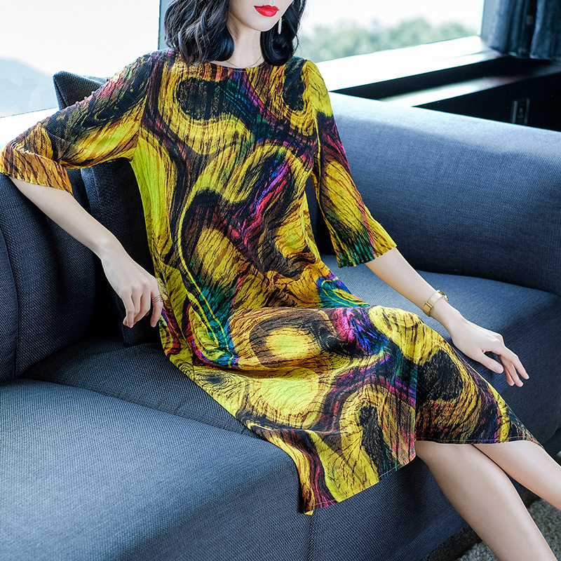French Women Pleated Print Spring Tidal Fashion New Loose Big Size Dress