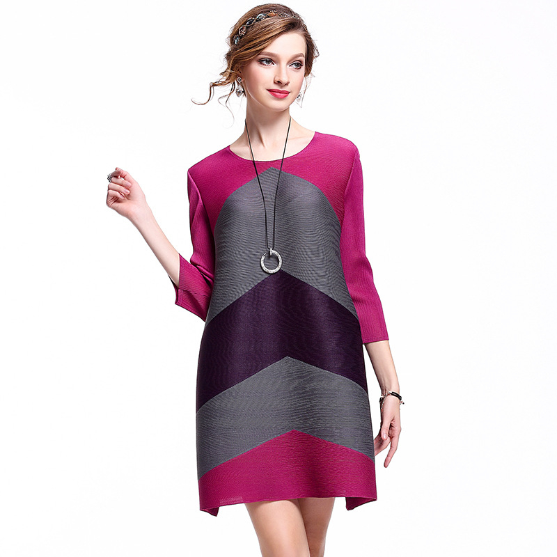 New Arrival Women Pleated Office Lady Loose Striped Three Quarter Sleeves None Knee-length O-neck Autumn Dresses