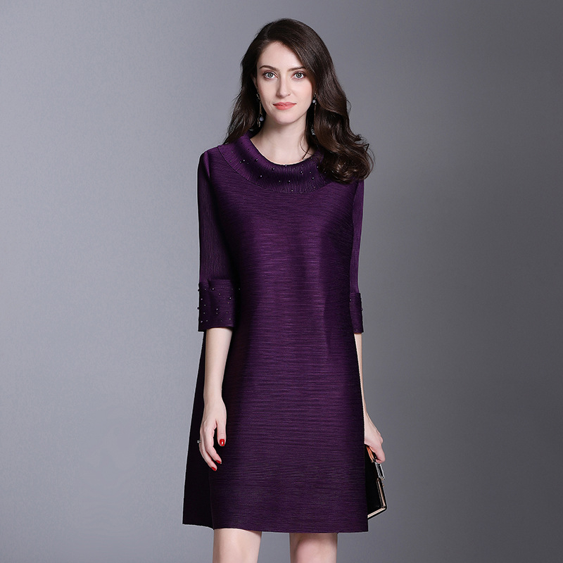 New Arrival Women Pleated Casual Loose Knee-length Flare Sleeve Turn-down Collar Autumn Dress
