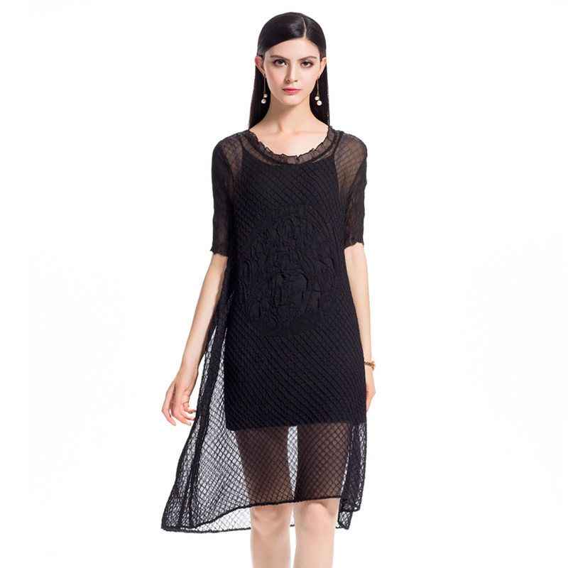Women Summer Lace Solid Color Elegant Lady Wrinkle Slim Free Size One Piece Long Dress