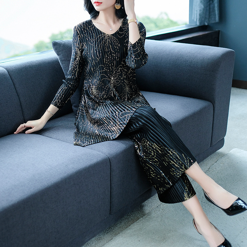 Women Pleated Print Tops Pullover Long Sleeves Shirts Pants Two Pieces Loose Clothing Sets