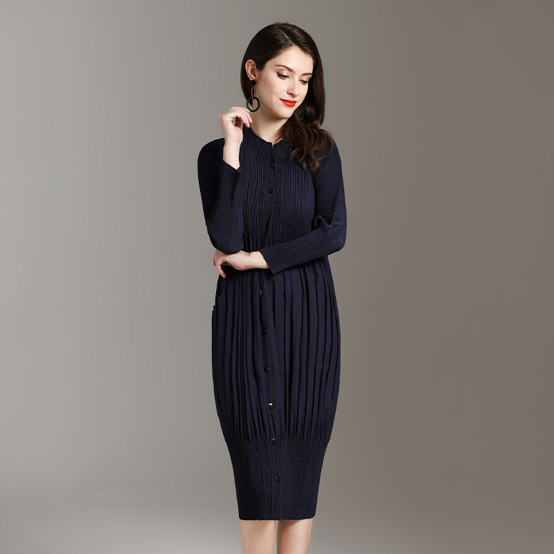 Spring Women Pleated Solid Color Buttons Loose Big Size Popular Dresses